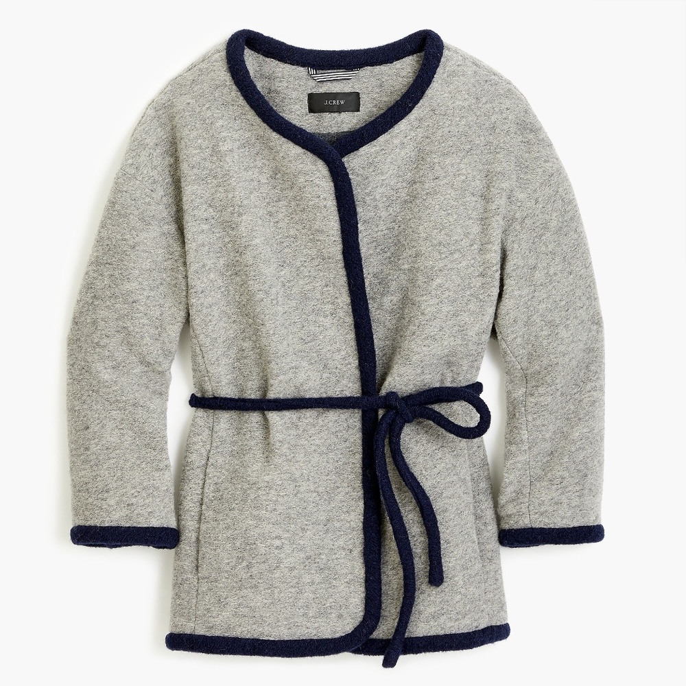 J. Crew Branford Boiled Wool Blend Kimono Jacket Gray Navy Blue Trim